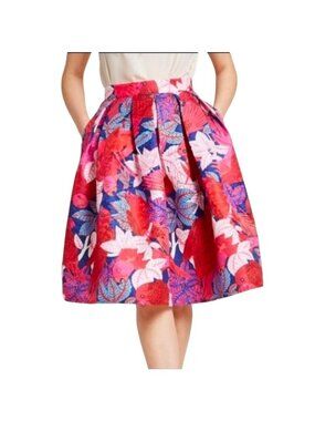 Modcloth Skirt Tropical Floral Birds Parrots Pleated A Line S Retro Rockabilly